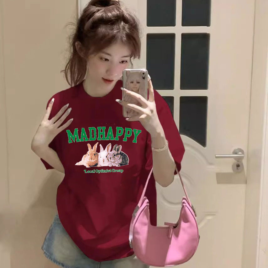精梳棉大紅色圓領T恤女寬鬆短袖半袖簡約休閒百搭印花t恤女士夏裝