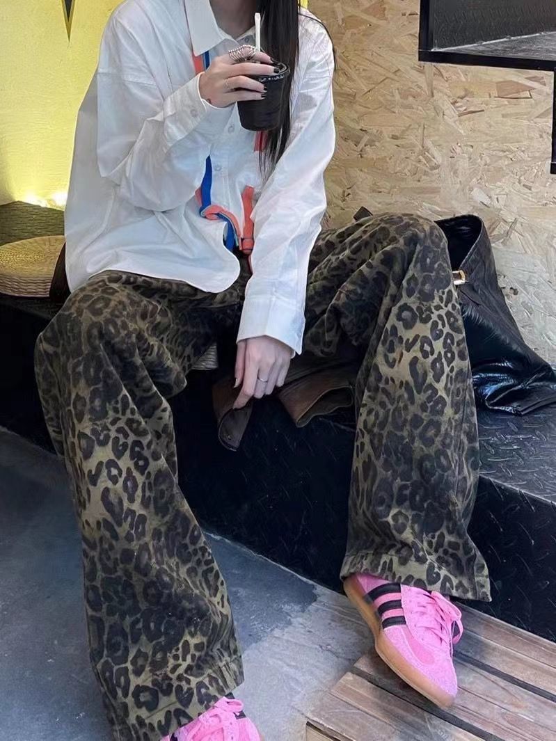 美式豹紋直筒褲女復古高腰寬鬆顯瘦長褲潮流修身百搭闊腿拖地褲子