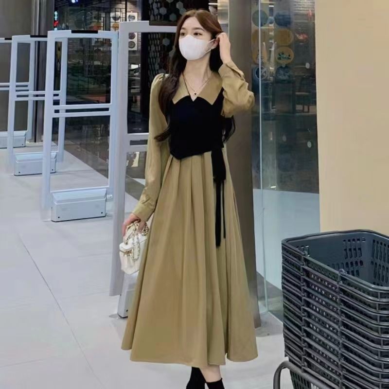 假兩件連衣裙女胖mm新款春秋設計感裙子收腰大碼顯瘦氣質法式長裙