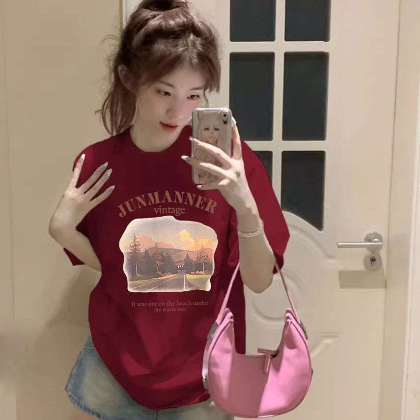 精梳棉大紅色圓領T恤女寬鬆短袖半袖簡約休閒百搭印花t恤女士夏裝