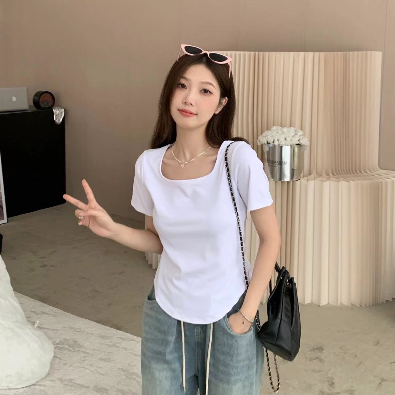 大碼胖mm遮肚子顯瘦別致甜美正肩方領t恤女2024夏季新款洋氣上衣