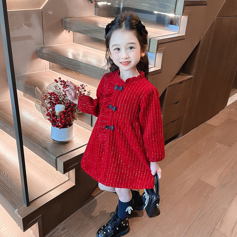 女童连衣裙冬季2023新款宝宝秋冬款拜年服儿童装新年衣服公主裙子