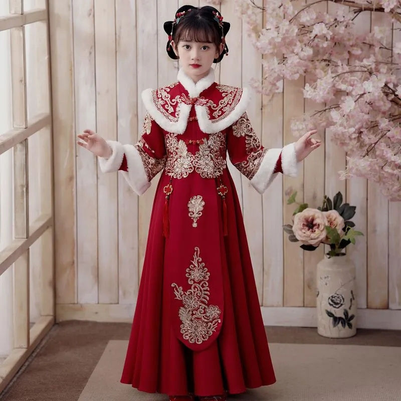 女童拜年服冬季兒童加絨加厚中國風唐裝小女孩過年喜慶古風兩件套