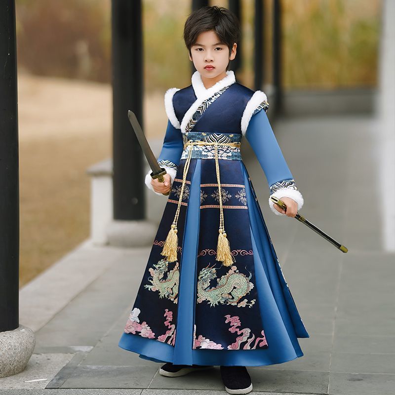 男童漢服2023新款秋冬款國風加厚龍年拜年服兒童冬季古風帥氣冬裝