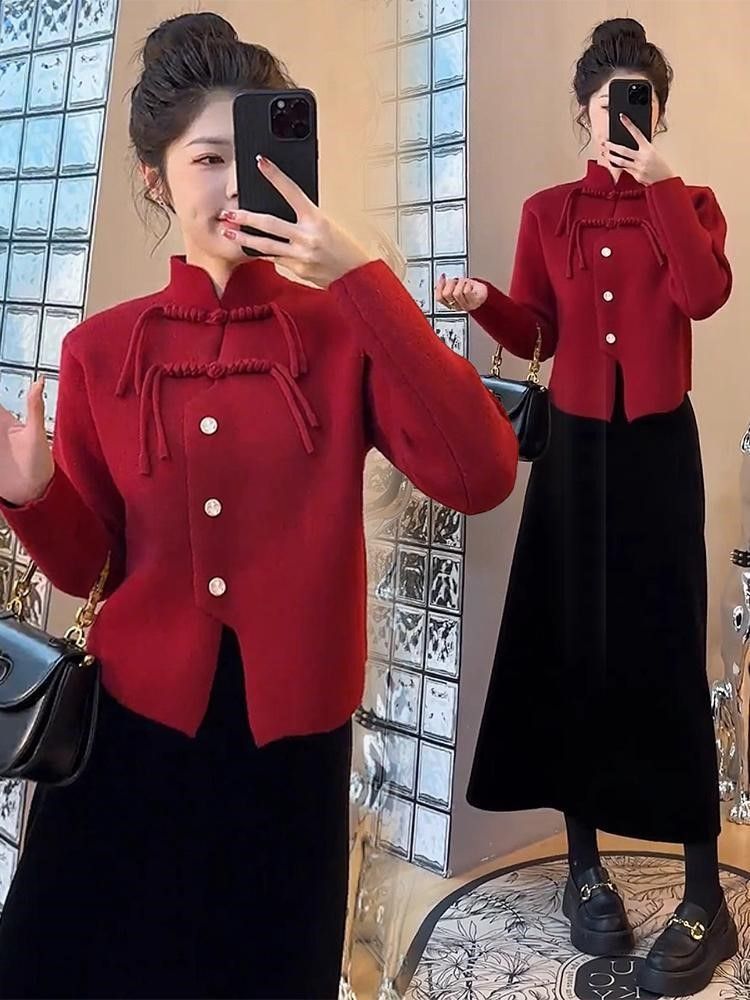 秋冬裝穿搭國風新中式盤扣龍年過年紅色毛衣服新年時尚上衣