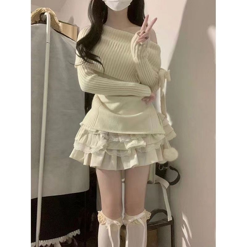 Two-piece suit 2023 autumn and winter new one-shoulder bow sweater women's pure lust style knitted top + skirt