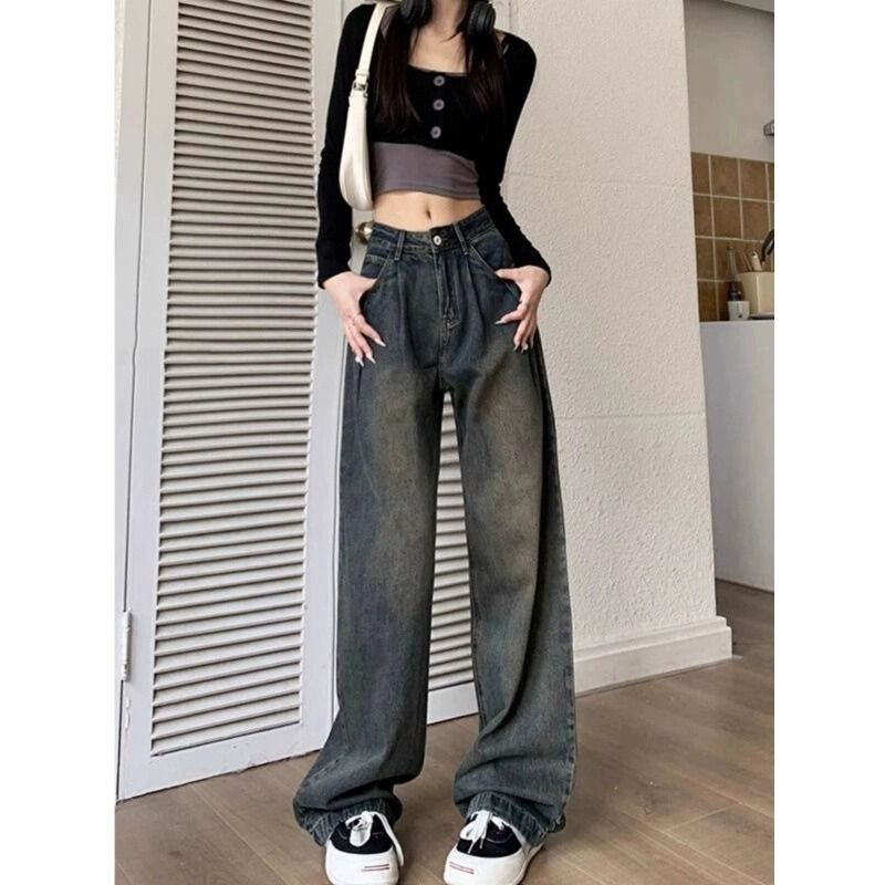 水泥灰牛仔褲女2024春季爆款高腰褶皺顯瘦寬鬆直筒九分褲百搭長褲