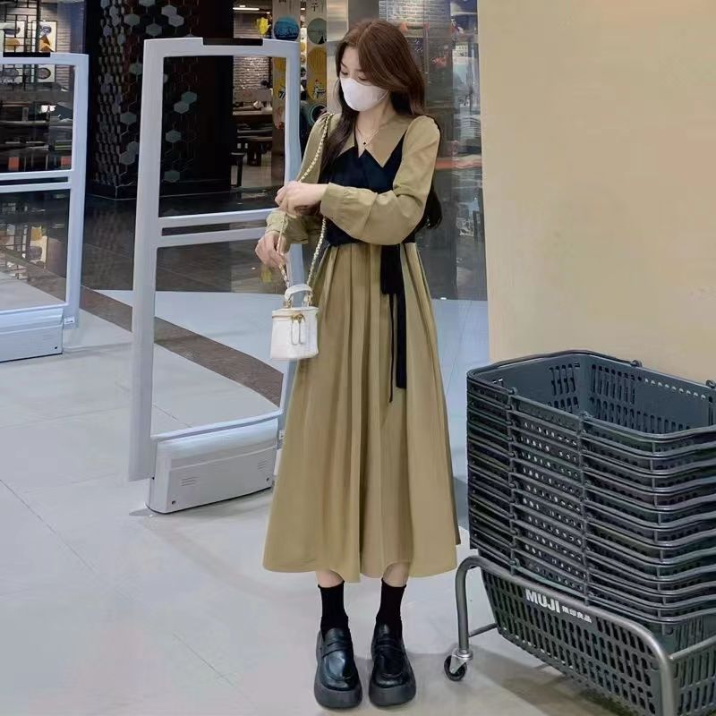 法式長袖polo領假兩件連衣裙女春秋季新款大碼收腰顯瘦赫本風長裙