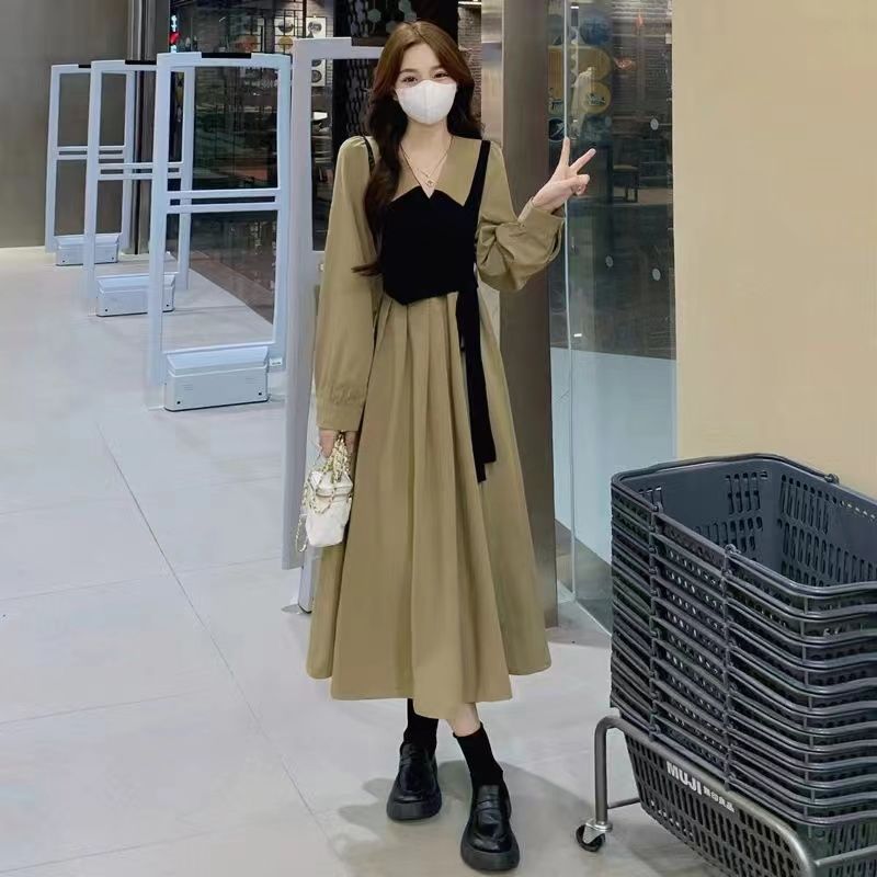 法式長袖大碼胖mm假兩件連衣裙女秋季新款大碼收腰顯瘦赫本風長裙