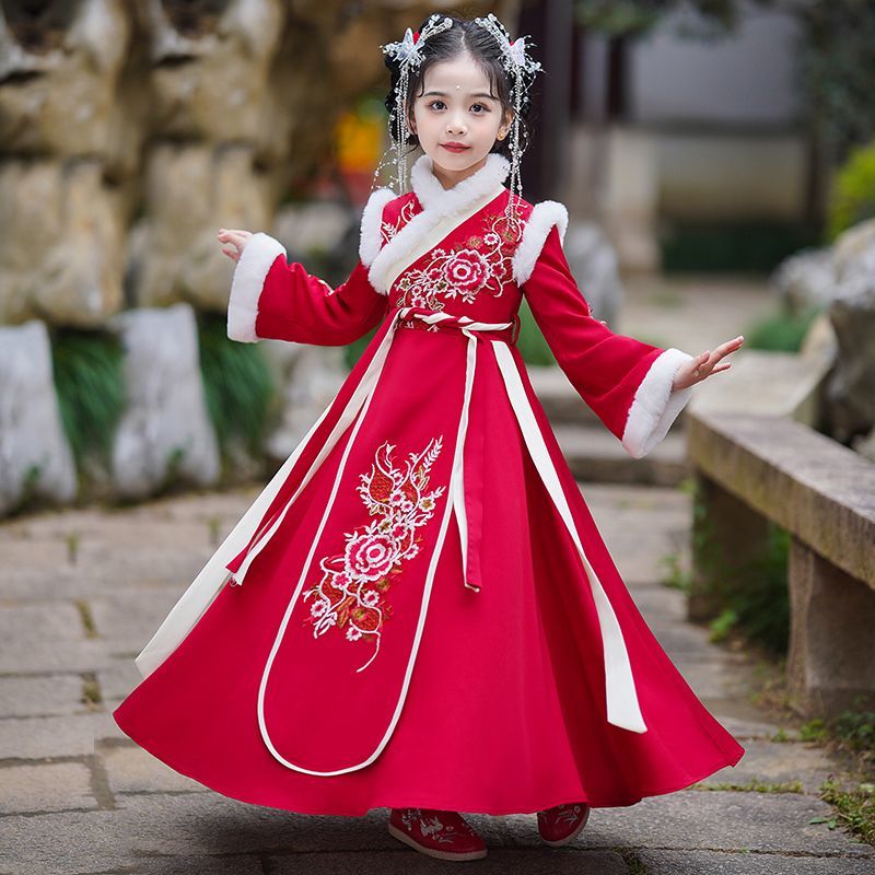 女童冬季連衣裙紅色古裝2024新款漢服唐裝拜年服兒童秋冬加絨裙子