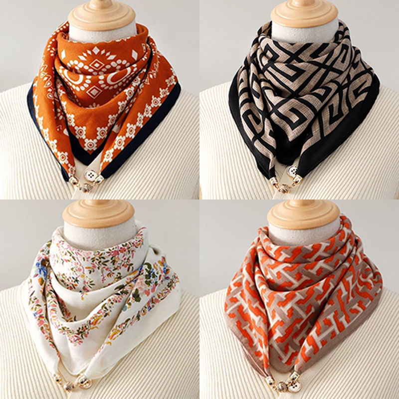 Spring, autumn and winter new style small square scarf with magnetic buckle, pendant, scarf, scarf, neck cover, fashionable mother neck protector, warm fake collar