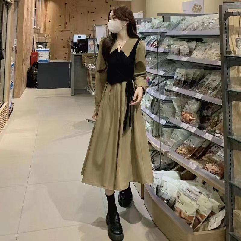 早秋裝爆款連衣裙女胖mm新款長袖收腰綁帶顯瘦赫本風假兩件長裙子