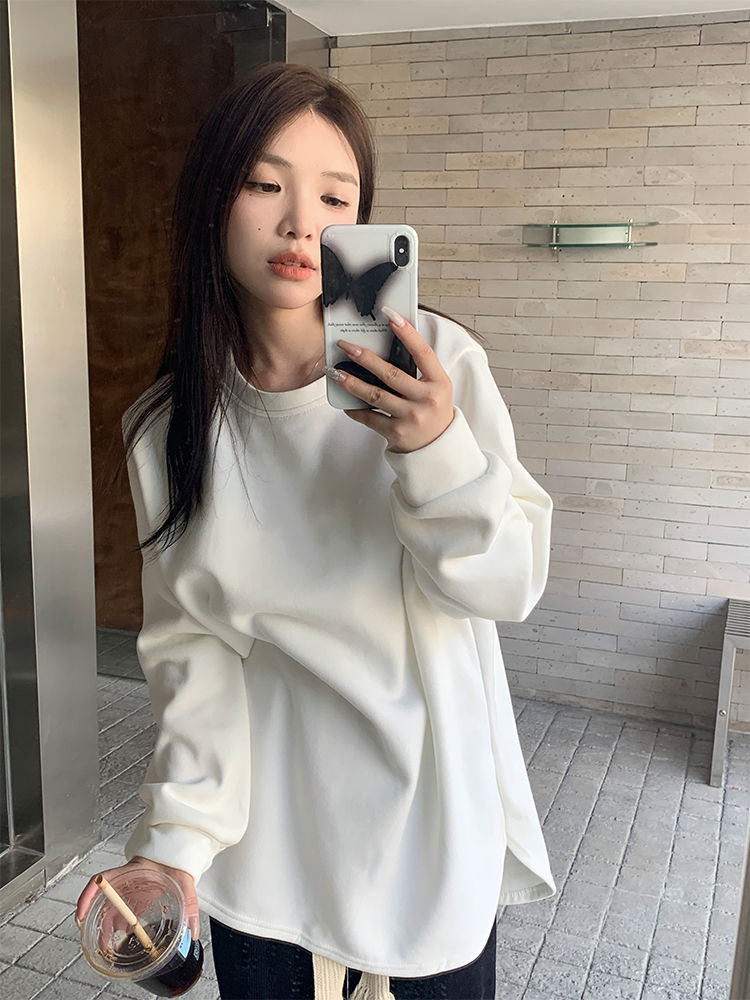 chic白色長袖T恤女秋冬加絨加厚打底衫設計感中長款寬鬆內搭上衣