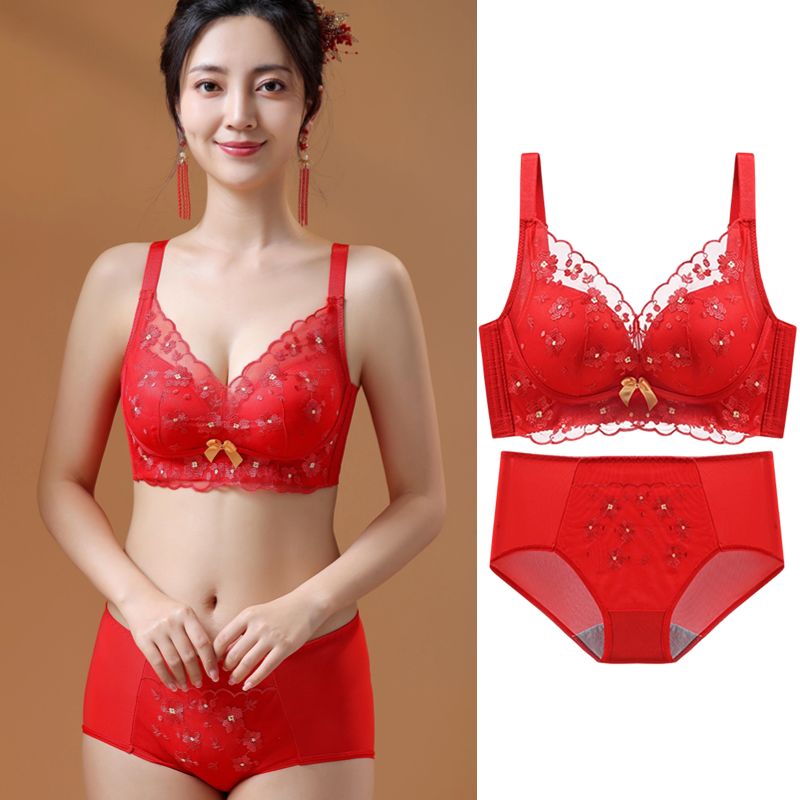华妃婷马本命年大红色文胸结婚新娘内衣女小胸聚拢无钢圈刺绣胸罩