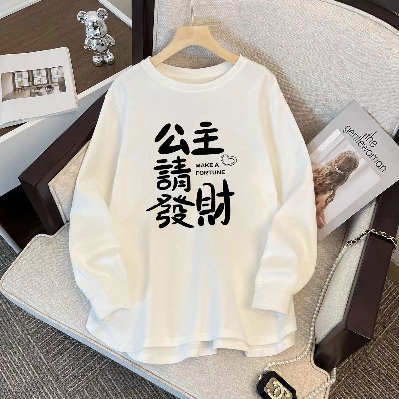 Pure cotton printed long-sleeved T-shirt for women Spring and Autumn 2024 New National Fashion High Street Loose and Versatile Bottoming Top