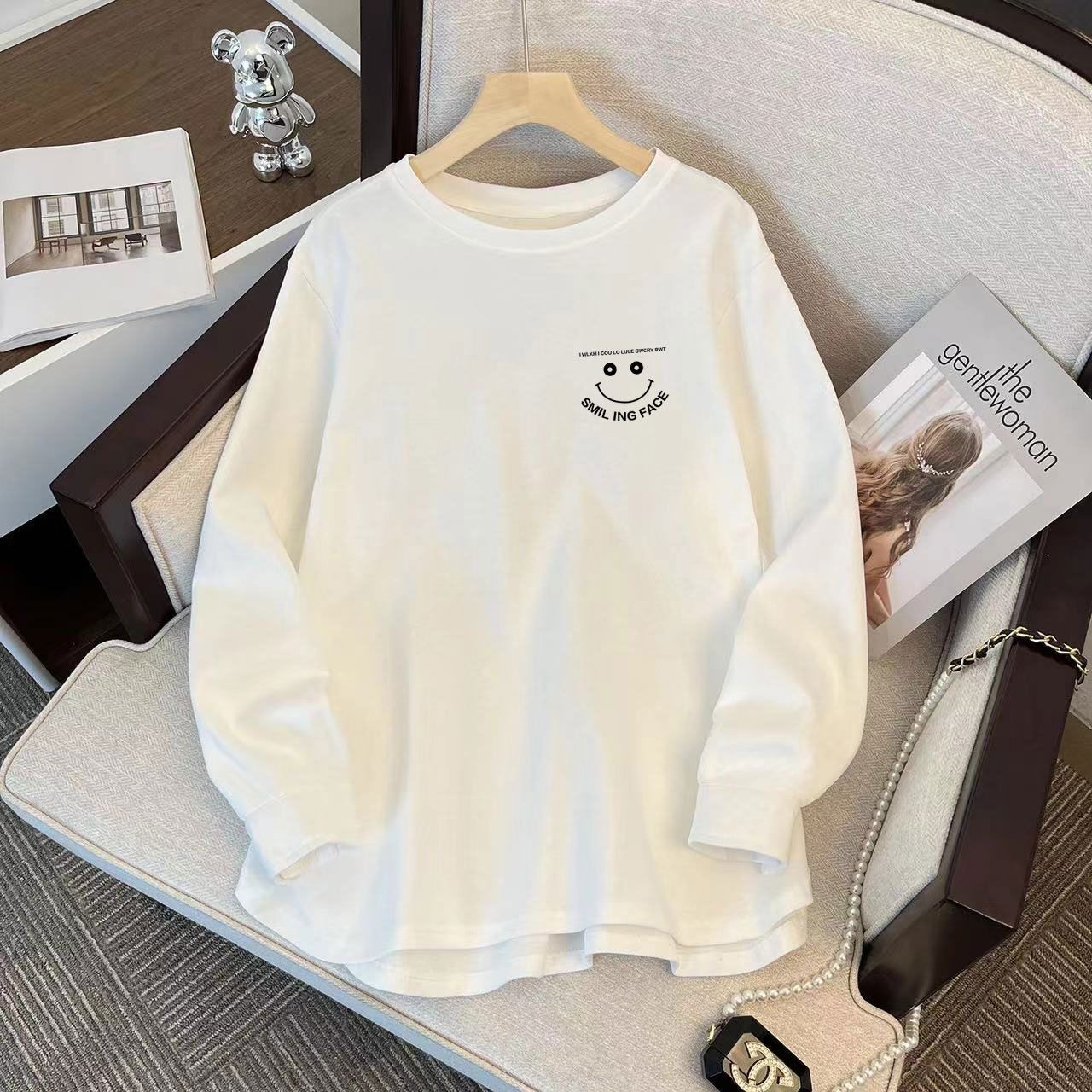 Spring new 100% cotton printed white long-sleeved T-shirt women's regular top with bottoming shirt ins trend