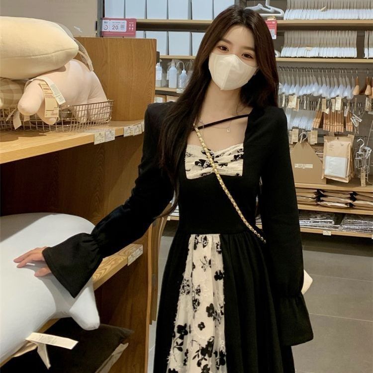 大碼女裝胖mm獨特設計方領連衣裙新款小個子玫瑰花網紗拼接長裙