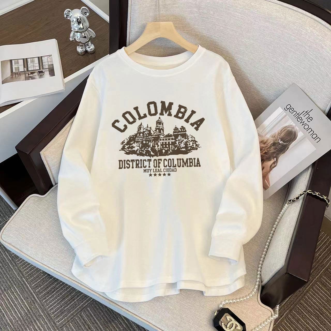 Trendy brand simple college style printed round neck 2024 spring women's Korean style student loose and versatile long-sleeved tops for couples