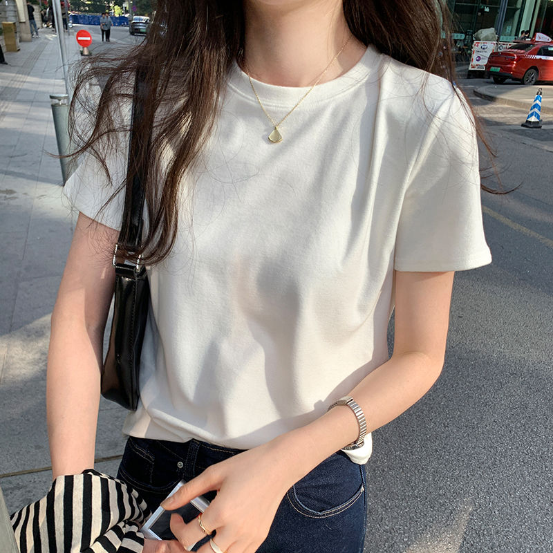 100%純棉白色t恤女寬鬆短袖春裝2024年新款夏季純色打底內搭上衣