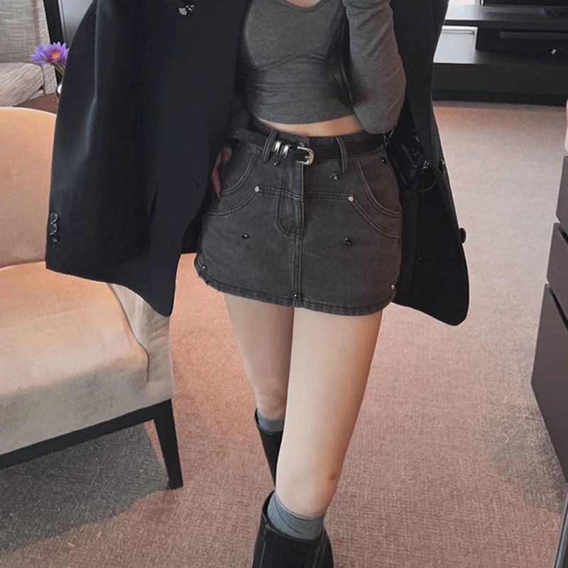 美式復古水洗黑灰色高腰牛仔半身裙女夏季辣妹裙褲裙子包臀短裙潮