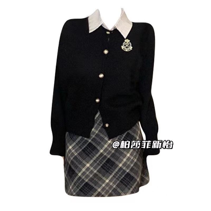 Plus size fat girl American college style suit fake two-piece sweater top autumn and winter slimming plaid skirt two-piece set