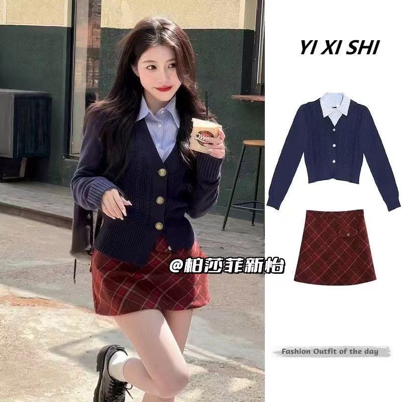 Korean drama outfits, gentle style, sexy street style, cute, age-reducing, American college style knitted cardigan, sweater, short skirt, three-piece suit