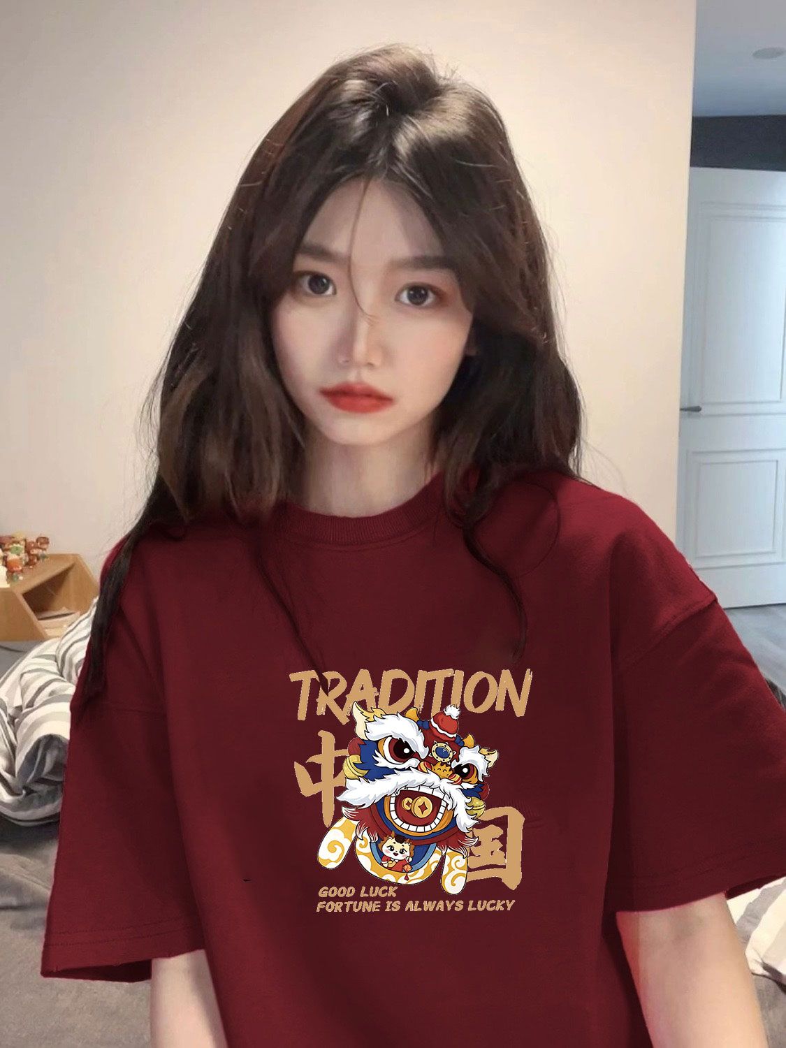 美式復古酒紅色短袖t恤女款夏季重磅純棉情侶裝寬鬆oversize體恤