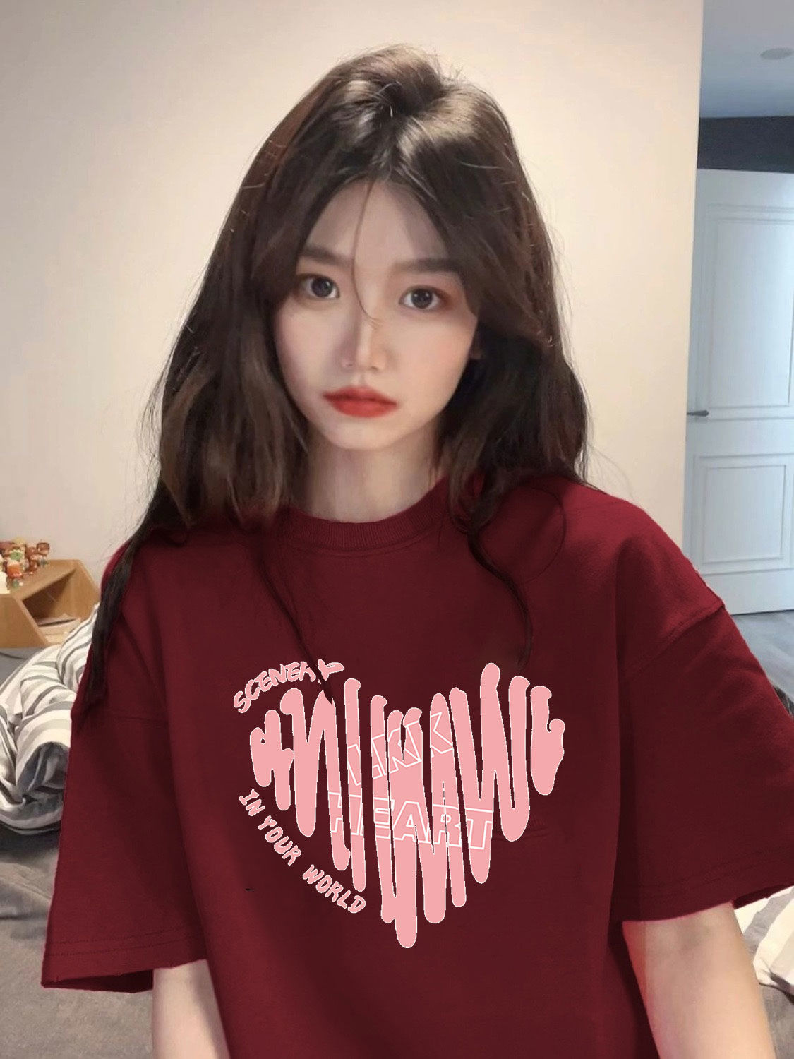 美式復古酒紅色短袖t恤女款夏季重磅純棉情侶裝寬鬆oversize體恤