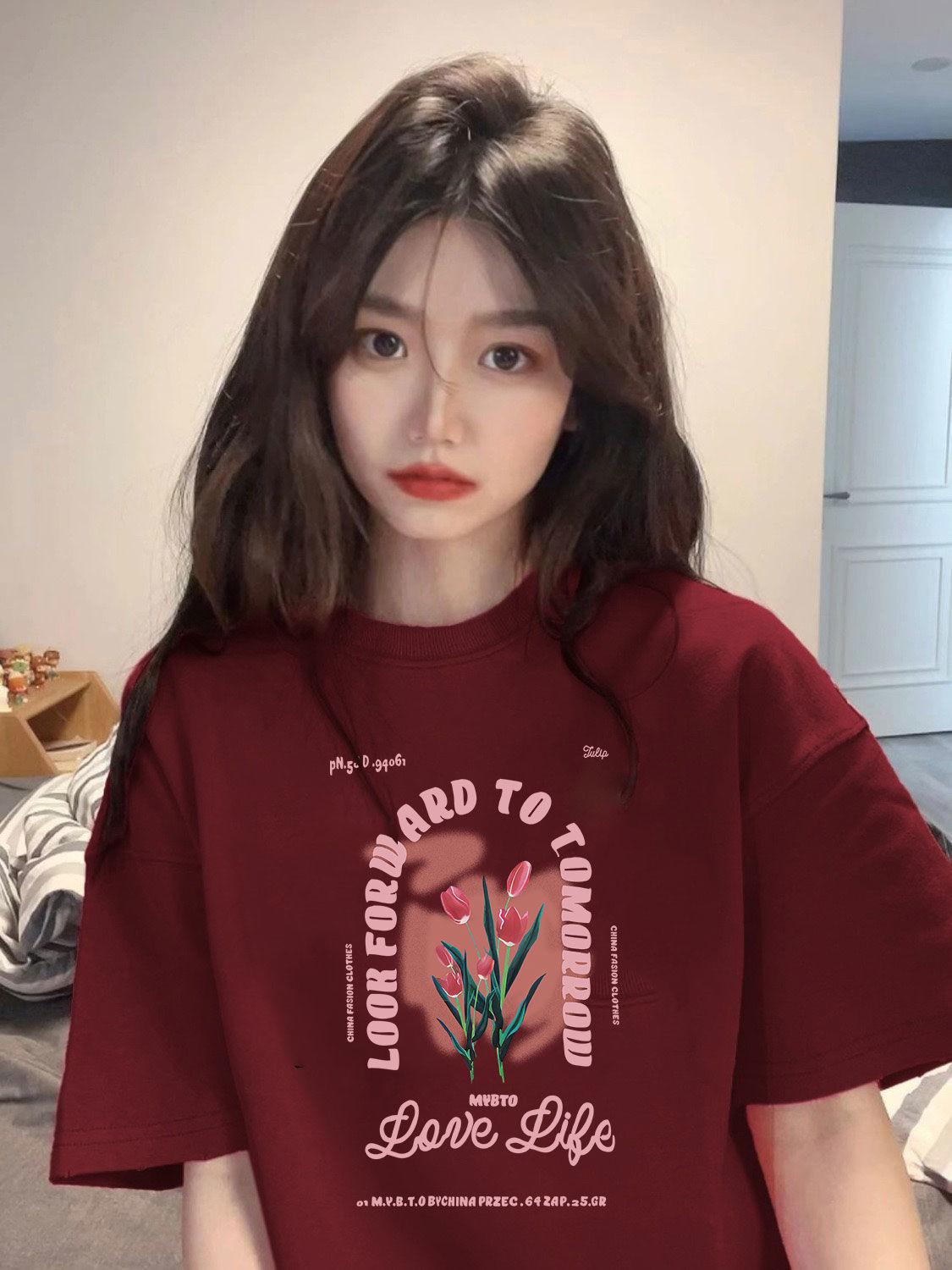 美式復古酒紅色短袖t恤女款夏季重磅純棉情侶裝寬鬆oversize體恤