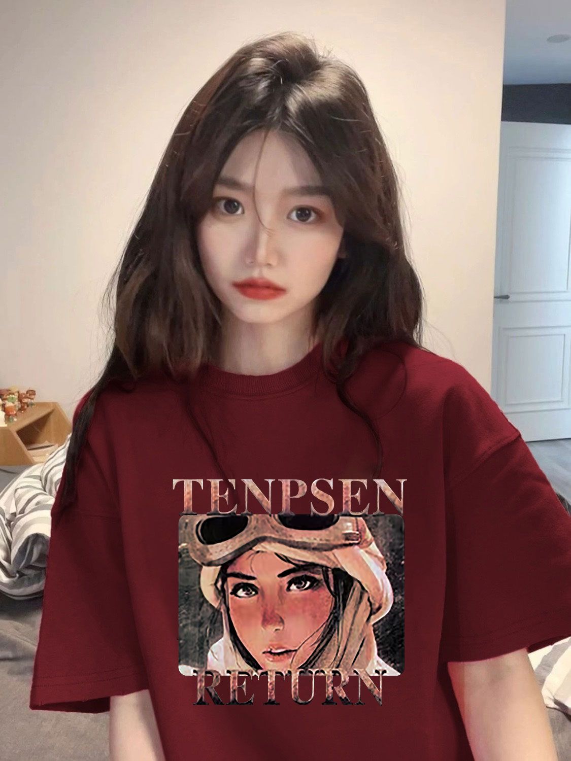 美式復古酒紅色短袖t恤女款夏季重磅純棉情侶裝寬鬆oversize體恤