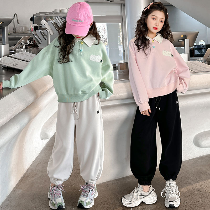 Girls' spring and autumn sportswear, loose sweatshirts, spring suits for older children, fashionable and western-style casual clothes for children