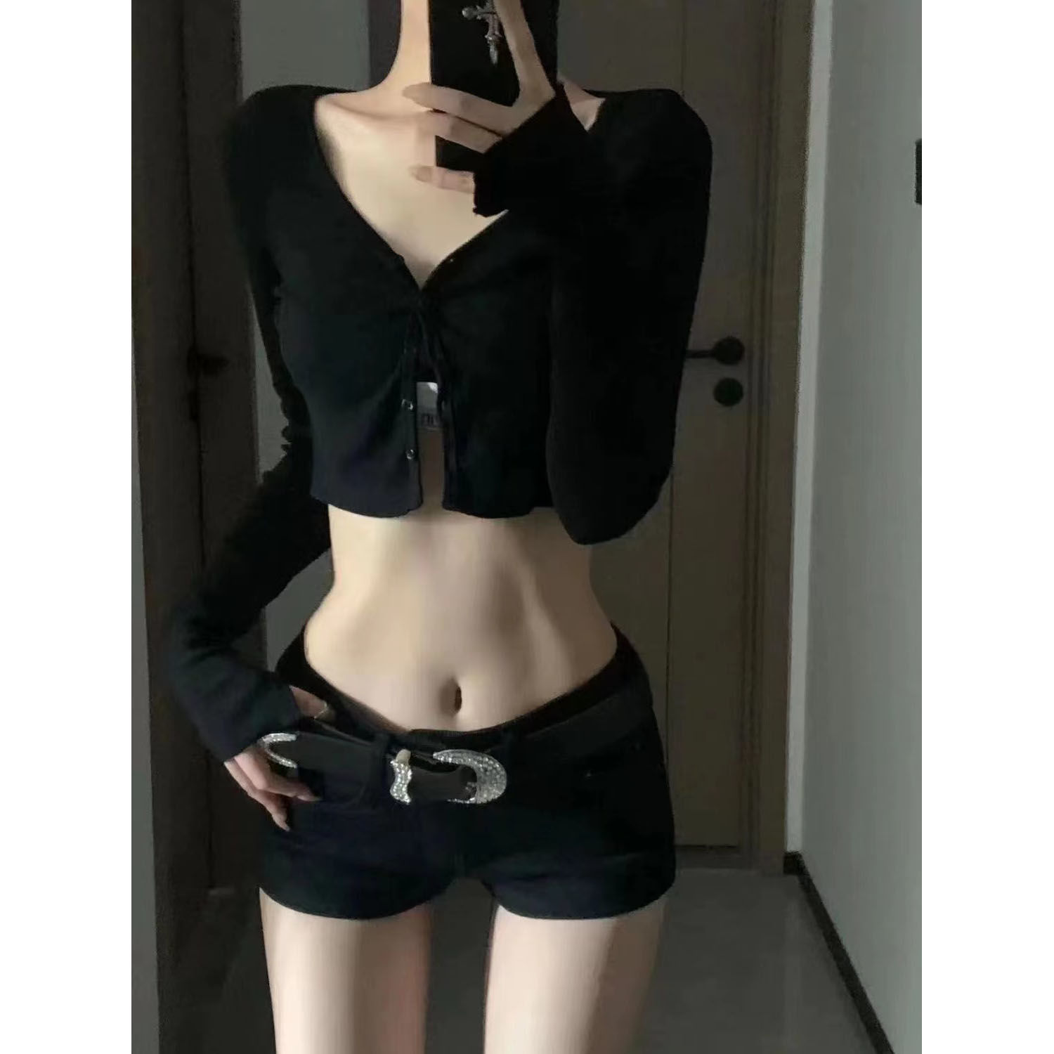 美式純欲辣妹低腰緊身彈力牛仔超短褲女春季修身顯瘦闊腿包臀熱褲