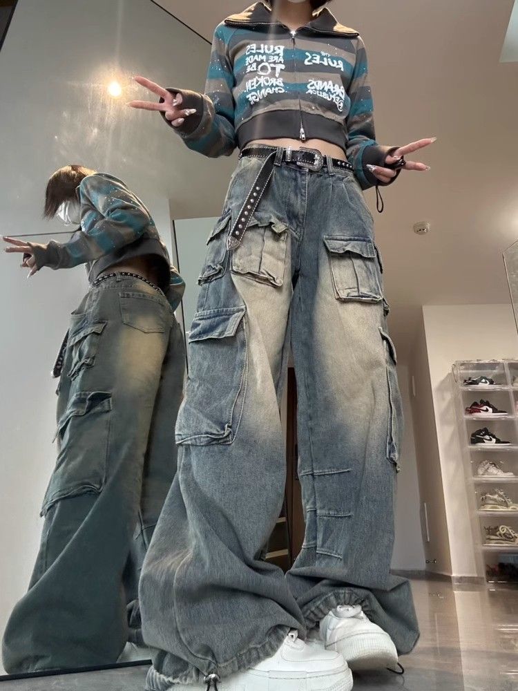 High Street Style American Work Jeans for Men and Women Spring and Autumn Multi-Pocket Design Loose Washed Distressed Wide Leg Pants