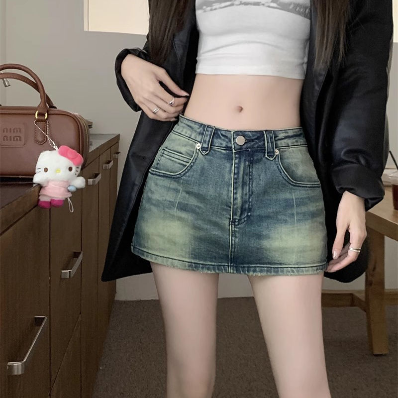 復古水洗牛仔半身裙女夏季辣妹小個子高腰包臀裙子防走光a字短裙