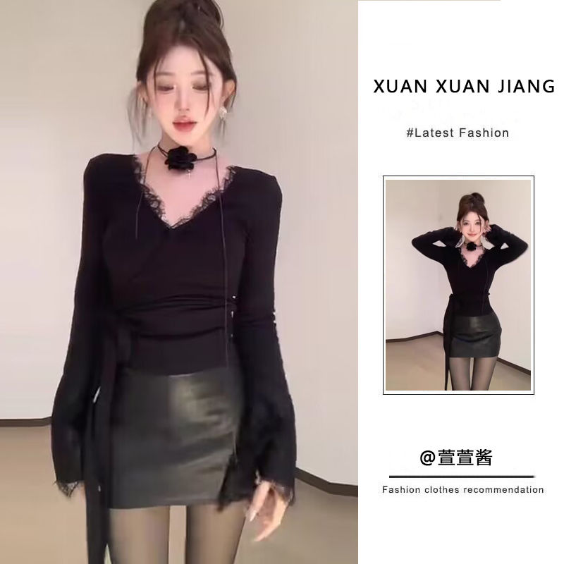 套裝女2024春新款純欲風辣妹蕾絲拼接長袖上衣高腰顯瘦皮裙半身裙
