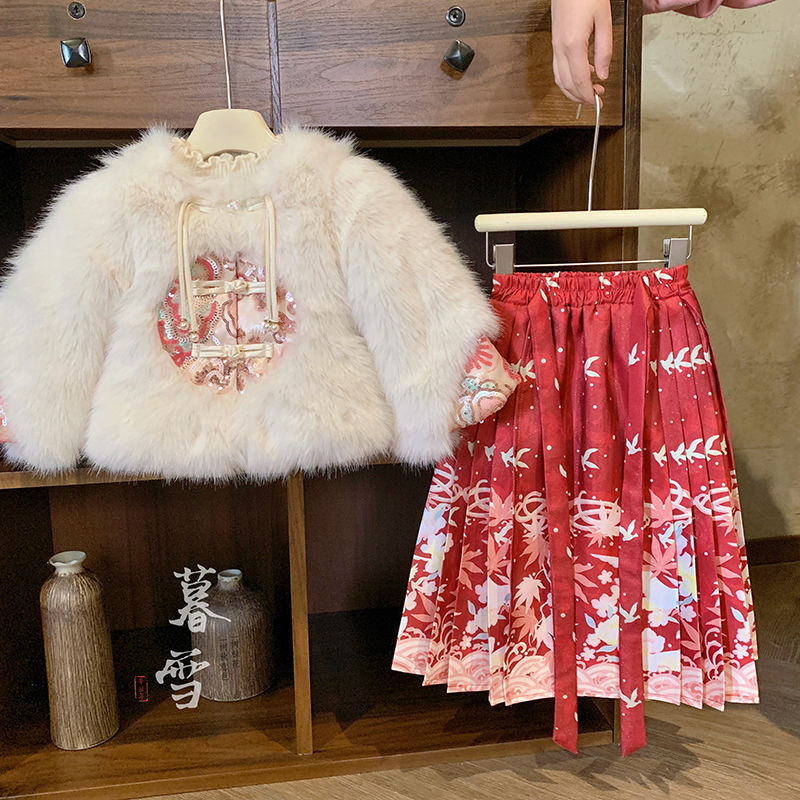 女童冬裝漢服加絨加厚小女孩兒童拜年服套裝中國風寶寶唐裝馬面裙