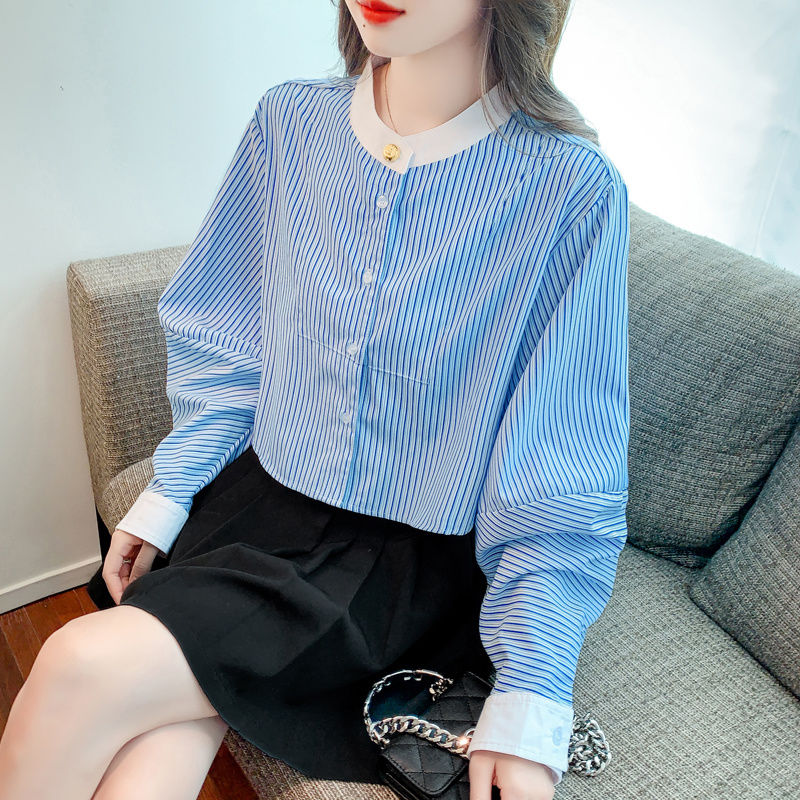 法式氣質條紋長袖襯衫女春季設計感小眾寬鬆顯瘦短款百搭高級上衣