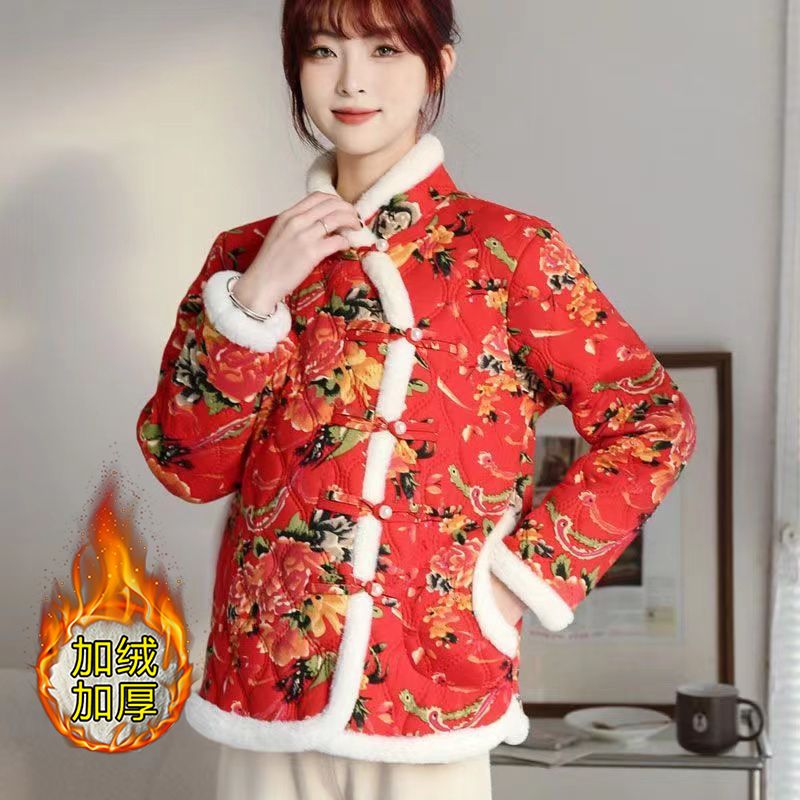 Internet celebrity winter new women's floral cotton jacket Northeastern Tang suit cotton coat mother thickened warm coat ethnic cotton coat