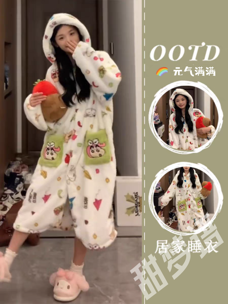 甜美ins加厚珊瑚絨睡衣女秋冬款可愛少女風保暖法蘭絨家居服睡裙