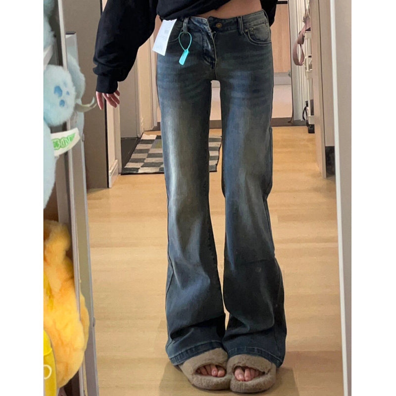 復古做舊水泥灰高腰微喇叭牛仔褲女小個子彈力直筒顯瘦拖地長褲潮