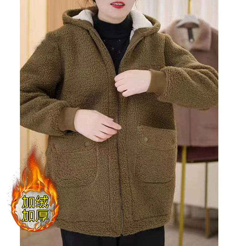 Mother's winter cotton-padded coat with velvet and thickening new style fashionable middle-aged and elderly women's hooded polar fleece cotton coat