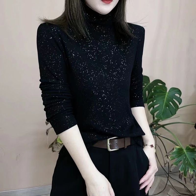雙面絨長袖t恤女裝冬季新款百搭高領上衣上檔次亮晶晶保暖打底衫