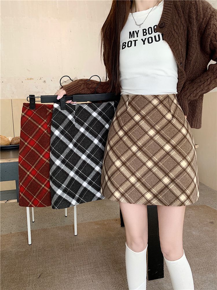 Retro plaid contrast color woolen skirt for women winter small high waist hip skirt red short skirt A-line skirt