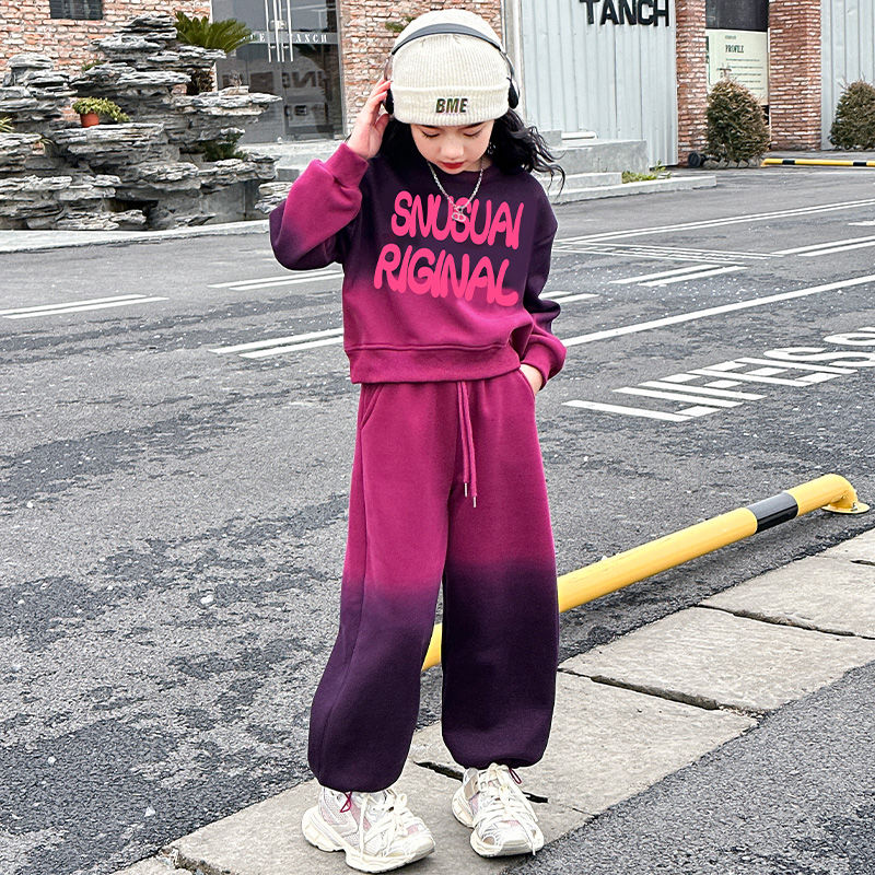 女童春秋運動服套裝2024新款韓版洋氣衛衣兒童春季漸變兩件套潮10