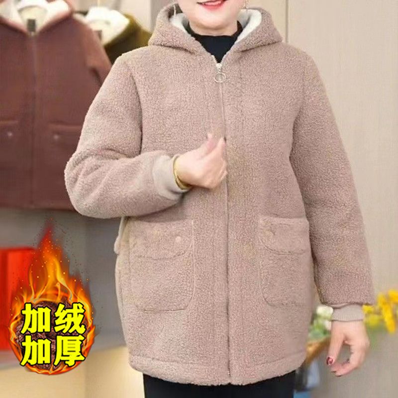 Mother's winter cotton-padded coat with velvet and thickening new style fashionable middle-aged and elderly women's hooded polar fleece cotton coat