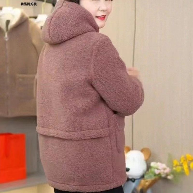 Mother's winter cotton-padded coat with velvet and thickening new style fashionable middle-aged and elderly women's hooded polar fleece cotton coat