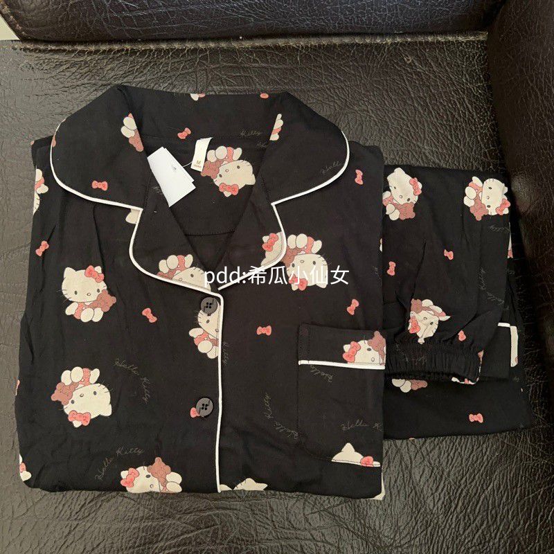 黑色HelloKitty貓咪睡衣女春秋季新款長袖卡通可愛學生家居服套裝