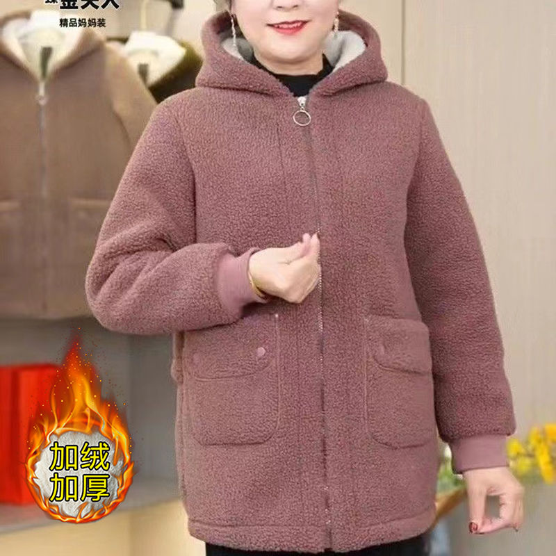 Mother's winter cotton-padded coat with velvet and thickening new style fashionable middle-aged and elderly women's hooded polar fleece cotton coat