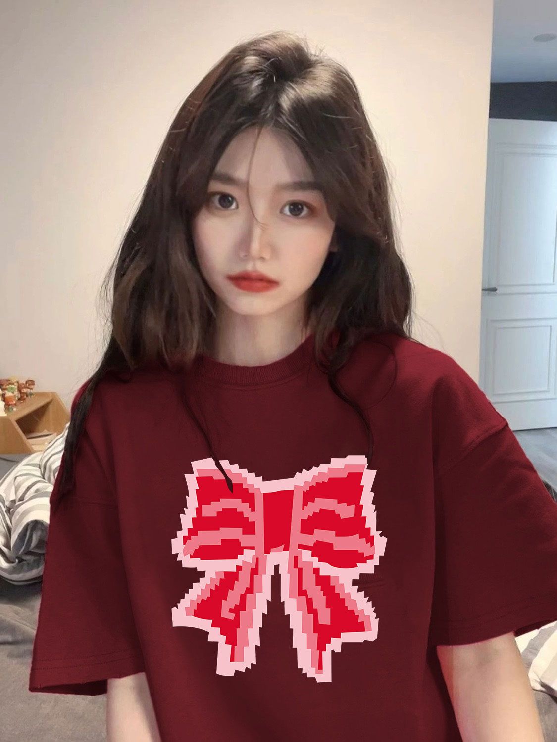 美式復古酒紅色短袖t恤女款夏季重磅純棉情侶裝寬鬆oversize體恤