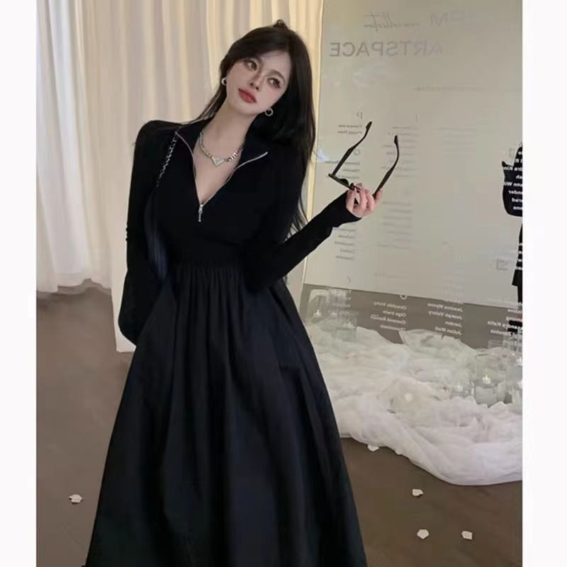 大碼女裝胖mm收腰顯瘦高領長袖連衣裙春秋氣質打底裙溫柔風a字裙